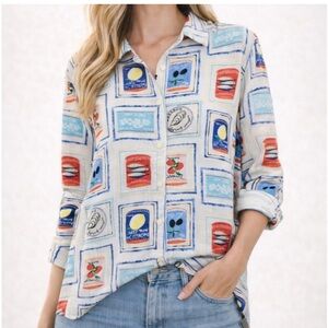 LOFT Can Print Button-Up Linen Shirt